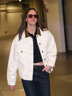 Close-up of Fever vs Dallas Caitlin Clark White Blouson Brown Corduroy Collar Denim Jacket
