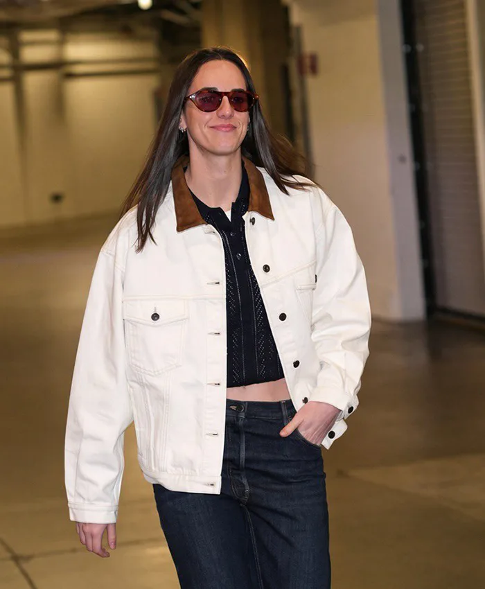 Close-up of Fever vs Dallas Caitlin Clark White Blouson Brown Corduroy Collar Denim Jacket