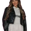 Close-up of Finding Emily 2026 Premiere Amy Kenyon Black Cropped Biker Leather Jacket