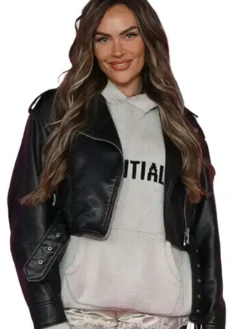 Close-up of Finding Emily 2026 Premiere Amy Kenyon Black Cropped Biker Leather Jacket