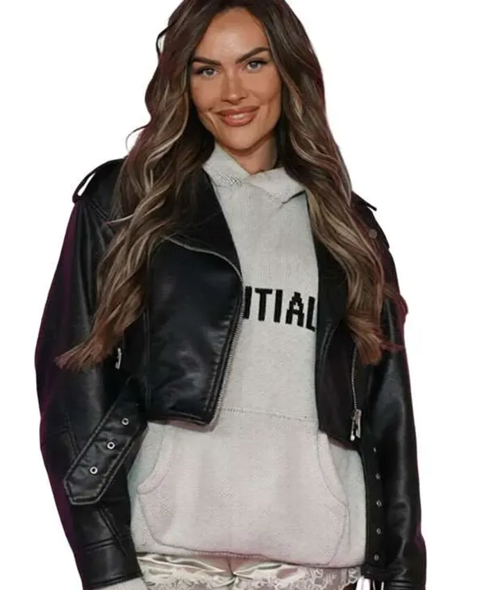 Close-up of Finding Emily 2026 Premiere Amy Kenyon Black Cropped Biker Leather Jacket