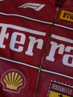 Close-up of Formula 1 Ferrari Red Leather Bomber Jacket For Sale