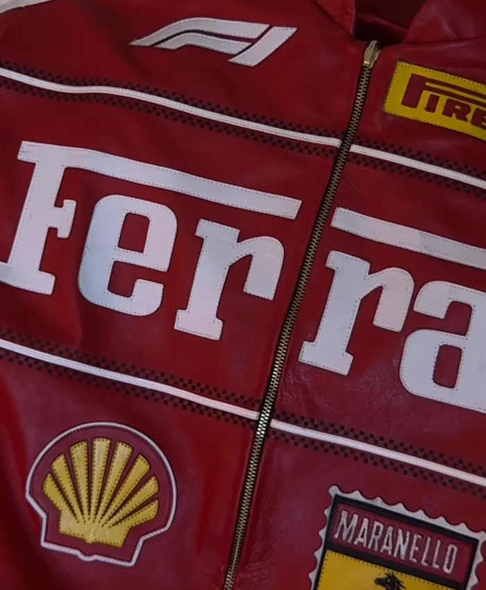 Close-up of Formula 1 Ferrari Red Leather Bomber Jacket For Sale