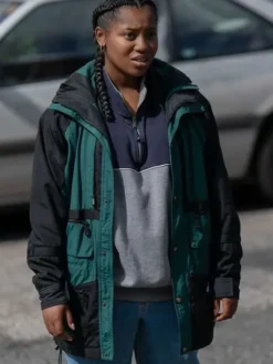 Close-up of Hailey Kilgore Power Book III Raising Kanan S05 Green And Black Hooded Jacket