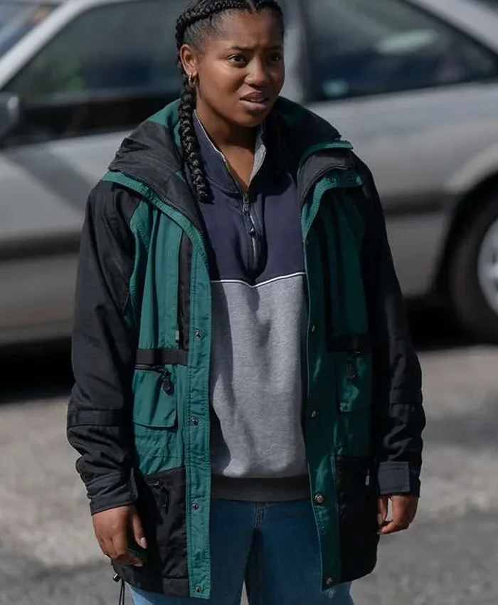 Close-up of Hailey Kilgore Power Book III Raising Kanan S05 Green And Black Hooded Jacket