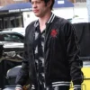 Close-up of Halloween Pete Davidson Tommy Karate Tommy Pitera Black Satin Okinawa Bomber Jacket
