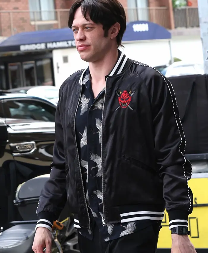 Close-up of Halloween Pete Davidson Tommy Karate Tommy Pitera Black Satin Okinawa Bomber Jacket