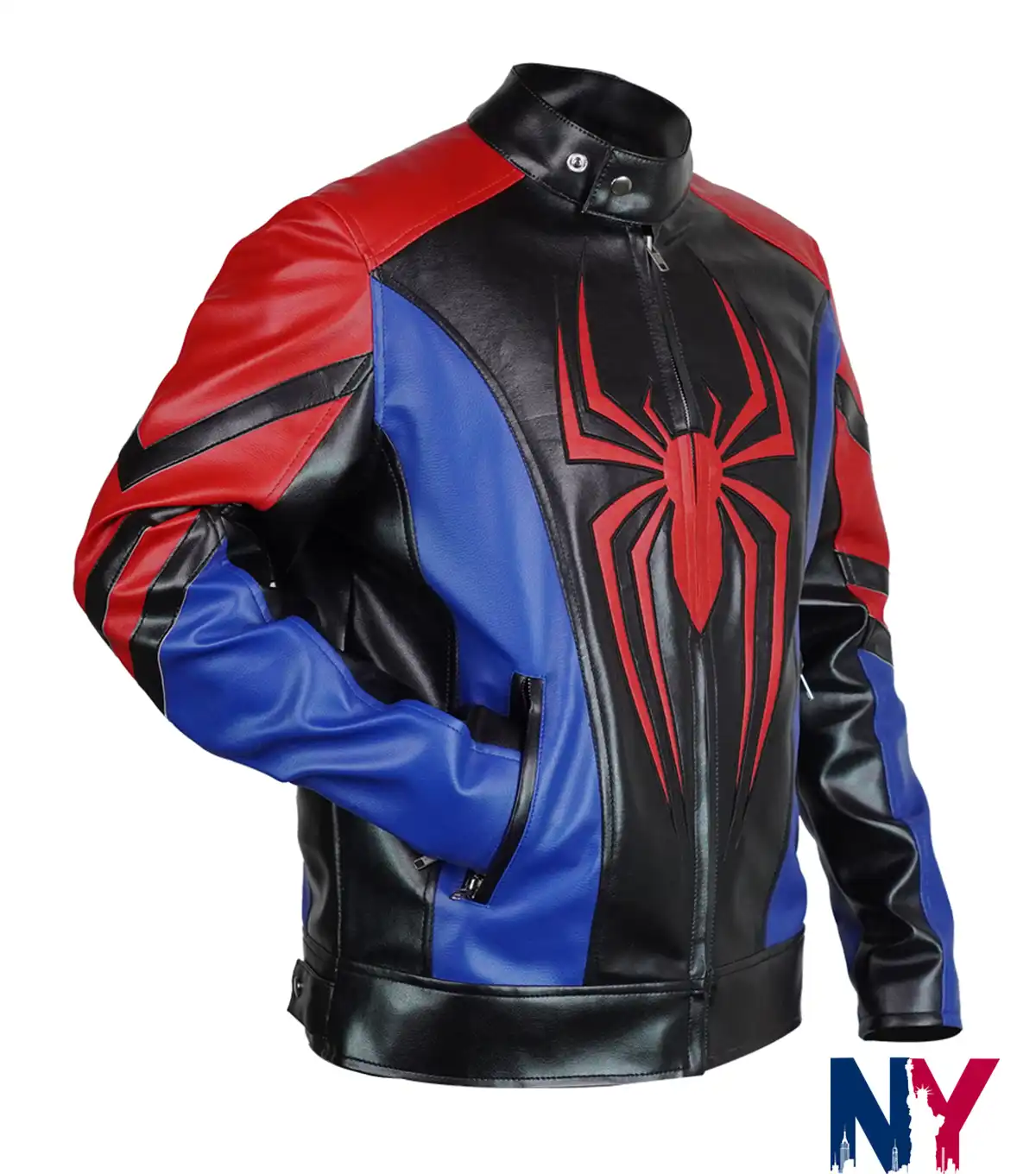 Close-up of Halloween Spider-Man Cosplay Black Red Blue Biker Cafe Racer Leather Jacket