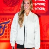 Close-up of Indiana Fever vs Dallas Wings Lexie Hull White Zip-Up Satin Bomber Jacket