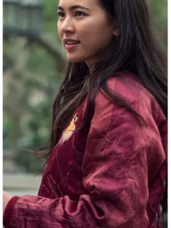 Close-up of Iron Fist Jessica Henwick Tiger Red Satin Bomber Jacket