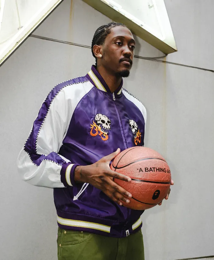 Close-up of Jalen Williams A Bathing Ape Purple And White Satin Souvenir Skull Bomber Jacket