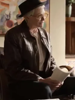 Close-up of Jane Lynch Only Murders in the Building S04 Brown Leather Jacket