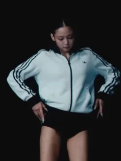 Close-up of Jennie Kim Adidas Originals White Fleece Track Jacket