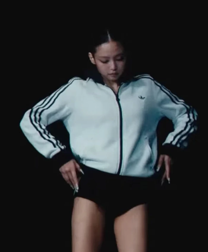 Close-up of Jennie Kim Adidas Originals White Fleece Track Jacket