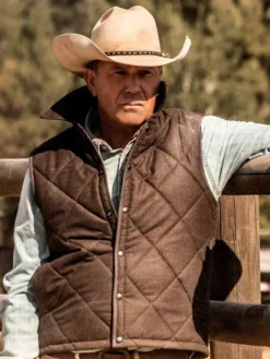 Close-up of John Dutton TV-Series Yellowstone Polyester Brown Quilted Vest