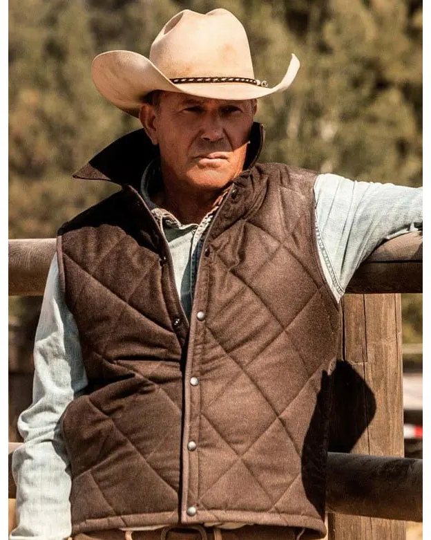 Close-up of John Dutton TV-Series Yellowstone Polyester Brown Quilted Vest