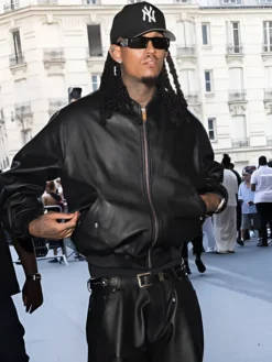 Close-up of Jordan Clarkson Vetements SS27 Black Bomber Leather Jacket