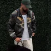 Close-up of Jordan Sanford Jeff Hamilton Bentley Black Leather Bomber Jacket