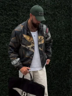 Close-up of Jordan Sanford Jeff Hamilton Bentley Black Leather Bomber Jacket
