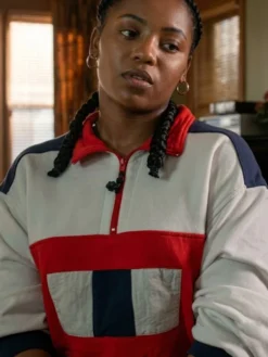 Close-up of Jukebox Power Book III Raising Kanan S05 Colorblock Fleece Half-Zip Jacket