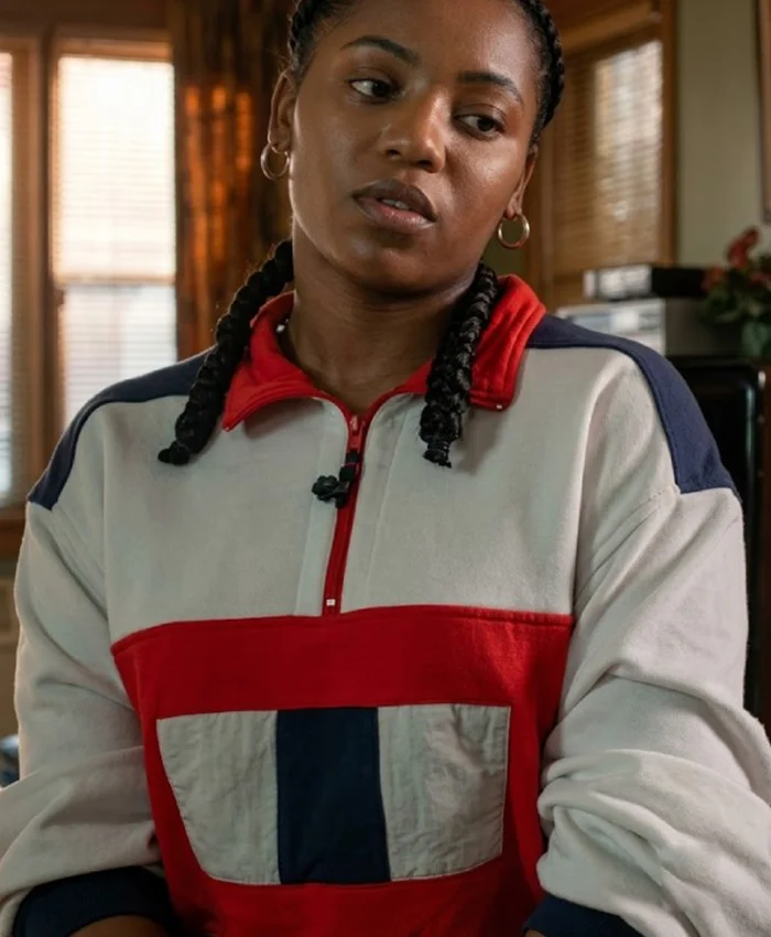 Close-up of Jukebox Power Book III Raising Kanan S05 Colorblock Fleece Half-Zip Jacket