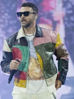 Close-up of Justin Timberlake Lollapalooza Festival 2025 Paris Colorblock Leather Jacket