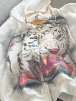 Close-up of Kanye West LA MASKARADE Tiger White Zip Hooded Jacket