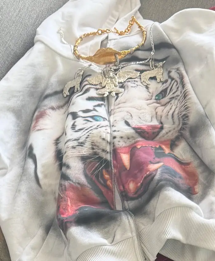 Close-up of Kanye West LA MASKARADE Tiger White Zip Hooded Jacket