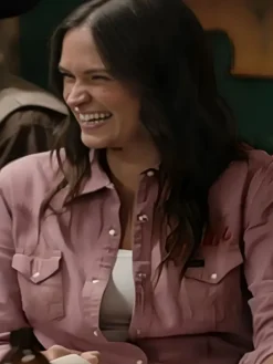 Close-up of Kathryn Kelly Yellowstone S05 Wrangler Pink Cotton Jacket