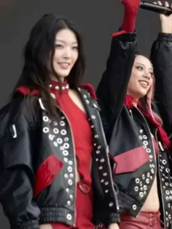 Close-up of Katseye Lollapalooza Music Festival 2025 Black Studded Leather Jacket