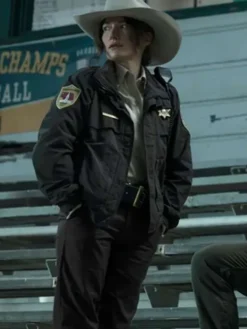 Close-up of Kelly Macdonald TV-Series Lanterns 2026 Sheriff Kerry Black Cotton Uniform Jacket