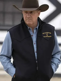 Close-up of Kevin Costner Yellowstone Mens Black Wool Zip-Up Vest