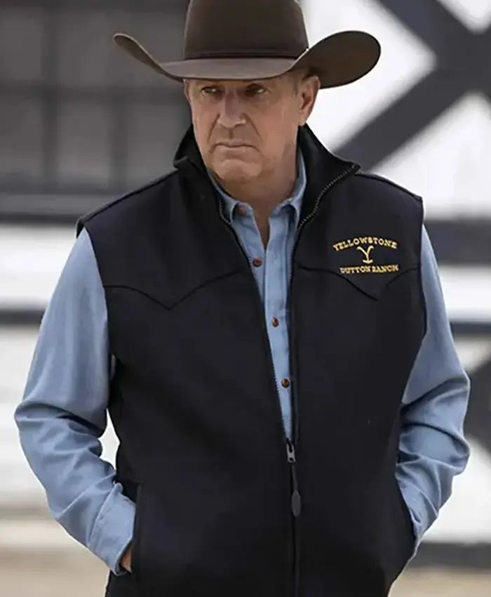 Close-up of Kevin Costner Yellowstone Mens Black Wool Zip-Up Vest
