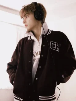 Close-up of Kim Taehyung Champion FW26 Brown Wool Varsity Jacket