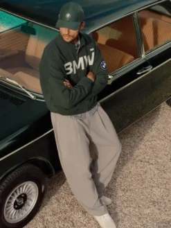 Close-up of Kith for BMW 2026 Vitality Green Zip-Up Suede Coaches Jacket