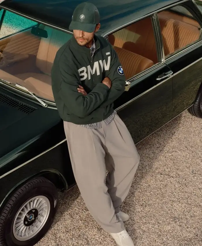 Close-up of Kith for BMW 2026 Vitality Green Zip-Up Suede Coaches Jacket