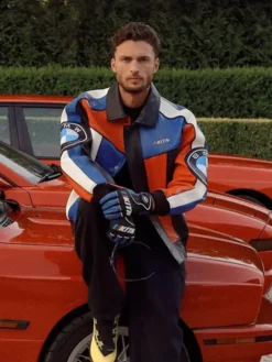 Close-up of Kith for BMW Avirex Colorblock Moto Vintage Racing Leather Jacket