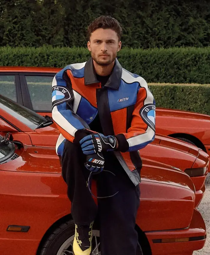 Close-up of Kith for BMW Avirex Colorblock Moto Vintage Racing Leather Jacket