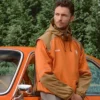 Close-up of Kith for BMW Chapter IV 2026 Inka Orange Zip-Up Windbreaker Jacket