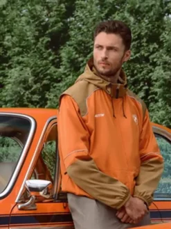 Close-up of Kith for BMW Chapter IV 2026 Inka Orange Zip-Up Windbreaker Jacket