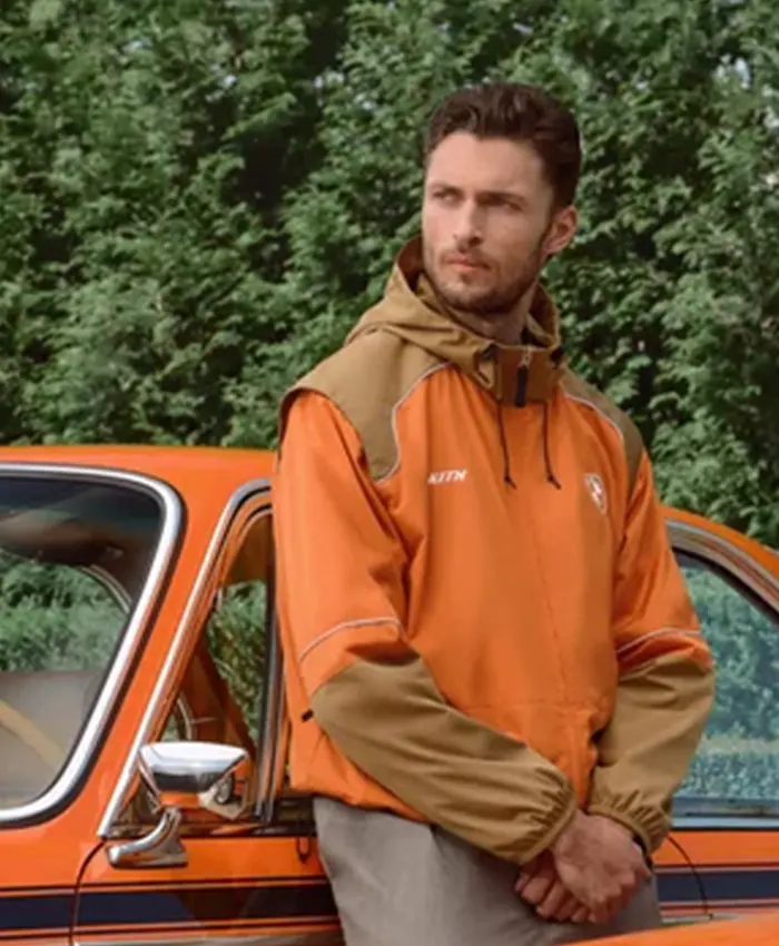 Close-up of Kith for BMW Chapter IV 2026 Inka Orange Zip-Up Windbreaker Jacket