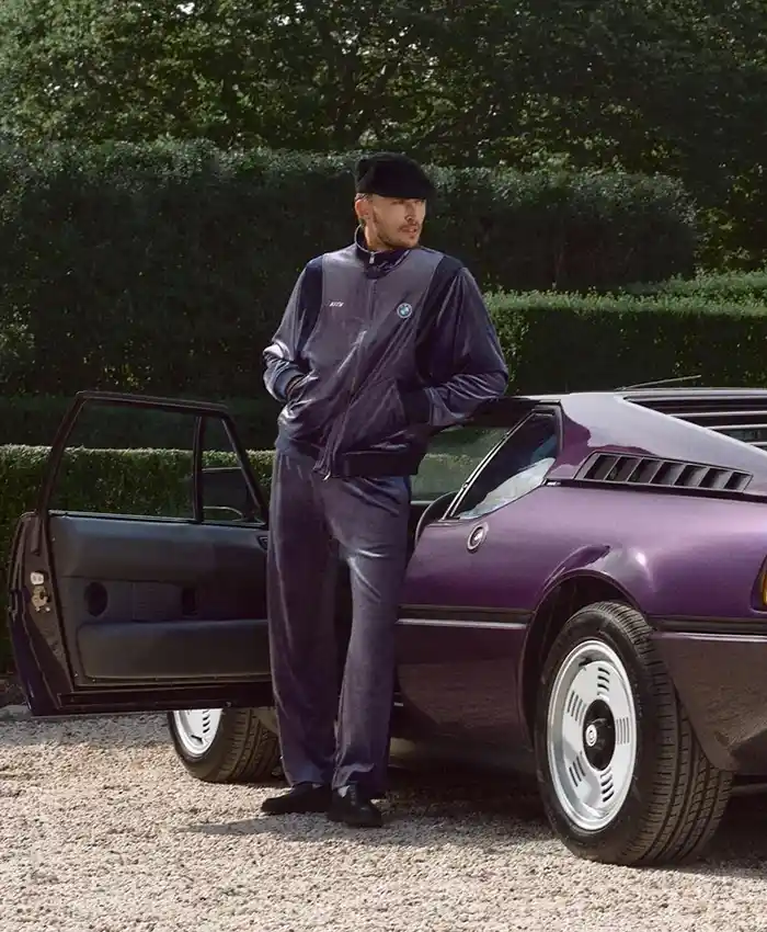 Close-up of Kith for BMW Chapter IV 2026 Luxe Velour Braxton Velvet Purple Tracksuit
