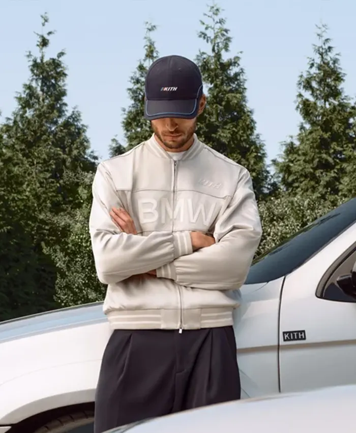 Close-up of Kith for BMW Chapter IV 2026 Souvenir Titanium Silver Bomber Jacket