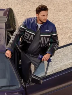 Close-up of Kith for BMW Motorsport 2026 Purple And Black Leather Moto Jacket