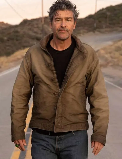 Close-up of Kyle Chandler TV-Series Lanterns 2026 Hal Jordan Brown Cotton Jacket
