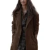 Close-up of Lanterns 2026 Poorna Jagannathan Brown Suede Leather Coat