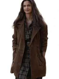 Close-up of Lanterns 2026 Poorna Jagannathan Brown Suede Leather Coat