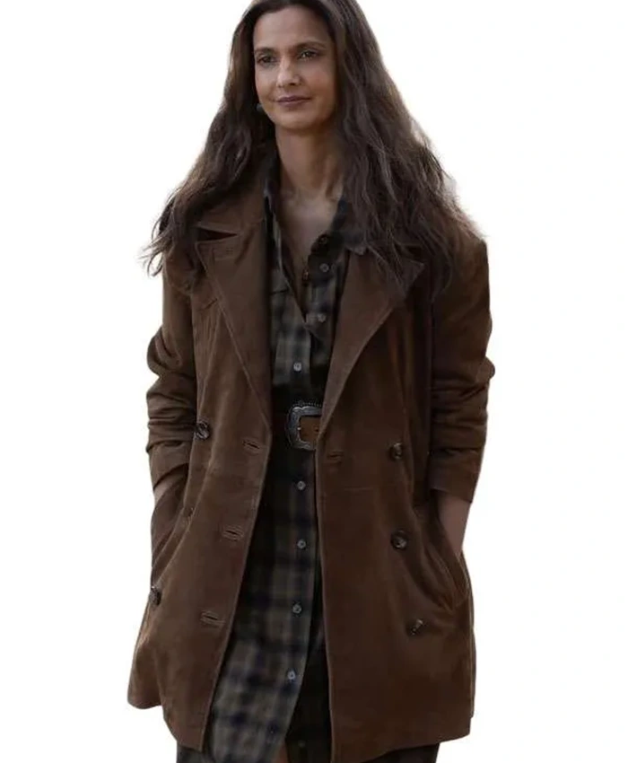 Close-up of Lanterns 2026 Poorna Jagannathan Brown Suede Leather Coat