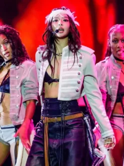 Close-up of Lollapalooza Festival 2026 Jennie Grey Wool Military Bolero Jacket