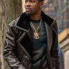 Close-up of London Brown Power Book III Raising 2026 Black Shearling Leather Jacket